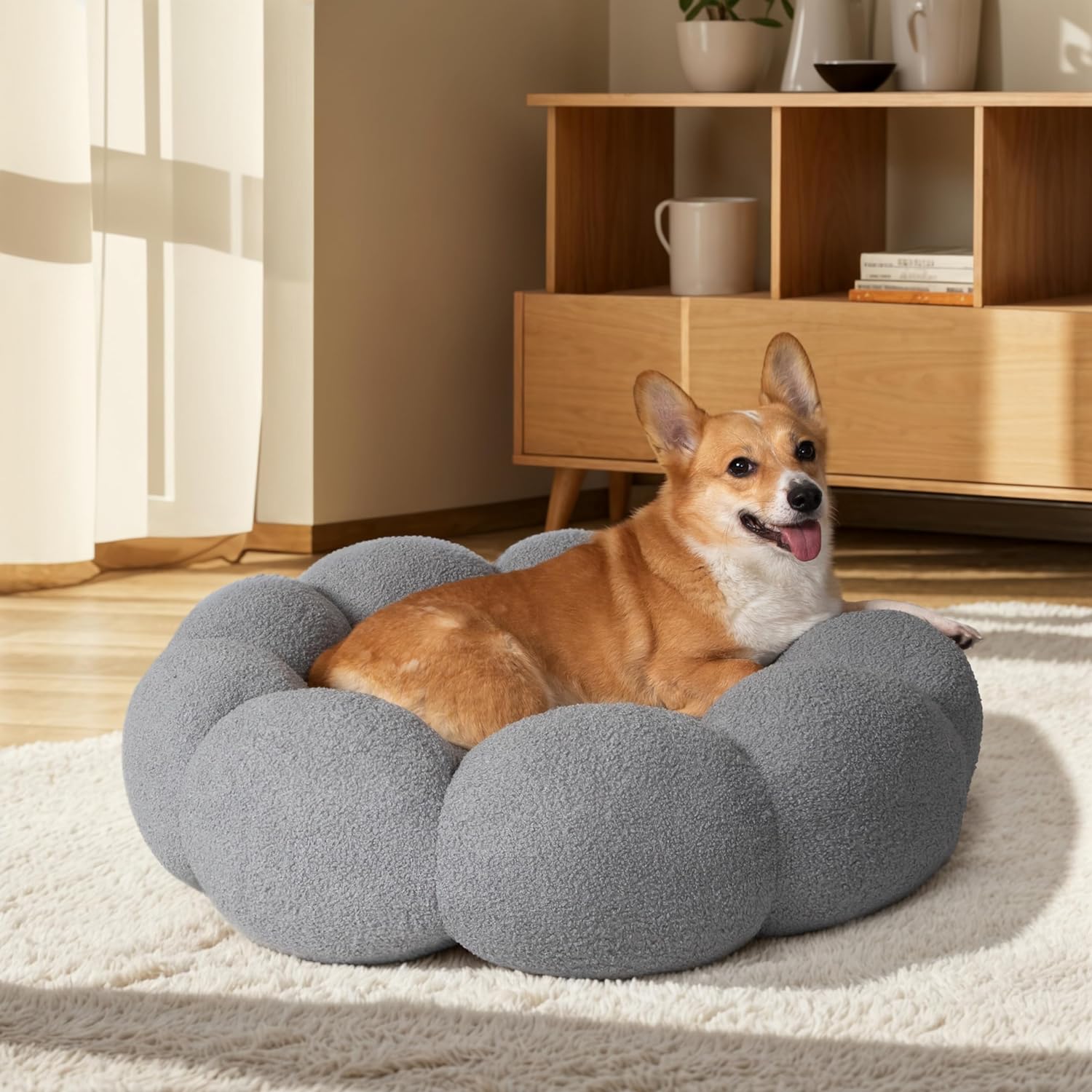Calming Fluffy Flower Round Pet Bed