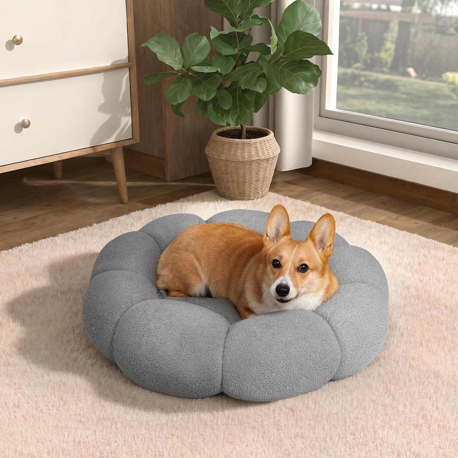 Calming Fluffy Flower Round Pet Bed